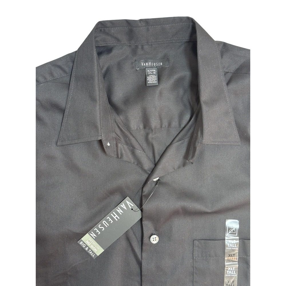 Van Heusen Shirt Mens XLT 17.5-18 Black Big & Tall No‎ Iron Short Sleeve Dress